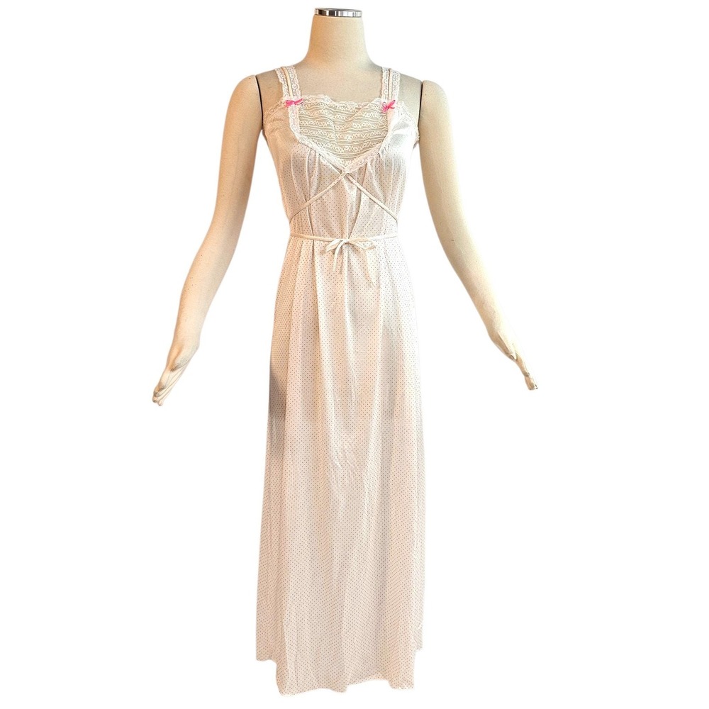 Vintage 1970s Nightgown Pajamas Lingerie Slip Dress Pink White Polka Dot Lace
